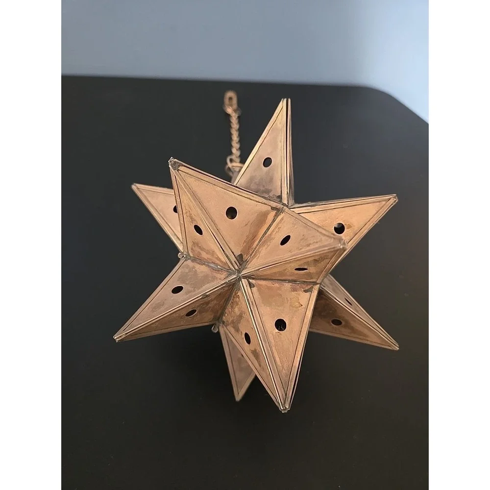 Vtg. Moravian Star Pierced Metal Votive Candle Pendant Hanging Light 6